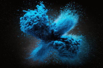 Poster - Abstract black backdrop with blue powder splatters, freeze motion of colored powder erupting or being thrown, and colored glitter texture. Generative AI