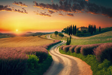 Wonderfully Beautiful Tuscan Sunset Scenery In The Summer. Stunning Flower Filled Grain Fields And A Meandering Country Road Lined With Cypress Trees At Dusk, Italy, Europe, Tuscany, Asciano