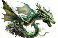 Green Dragon Flying Through The Air On A White Background. Mythological Creature.