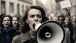 Female activist protesting with megaphone during a strike. Generative AI