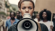 Female Activist Protesting With Megaphone During A Strike. Generative AI
