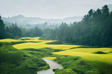 Sticker - Vertical shot of untouched farm fields with mystic design Generative AI