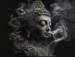 Meditation decoration with Buddha statue, candle lights smoke and lotus flower. Generative AI