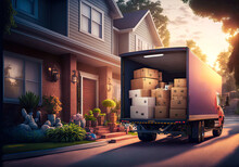 An Open Moving Truck Filled With Cardboard Boxes In Front Of A Suburban House. Generative AI