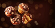 Classic muffins ads with chokolate on glitter bokeh background. Close-up. Generative AI