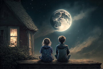 Kids sitting on roof at night, little boy and girl looks at moon in sky, generative AI.