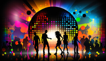 Groovy illustration of dancing people in a club. Abstract illustration with splashes of color with bright colors. Happy dancing in a night club. Party background, Generative AI