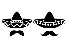Mexican Hat Black Icons. Flat Moustache Symbol Isolated On White. Vector Illustration