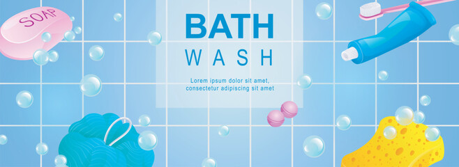 Wall Mural - Bath wash horizontal web banner. Bubbles foam, soap, sponge, toothpaste, toothbrush and other hygiene products in bathroom. Vector illustration for header website, cover templates in modern design