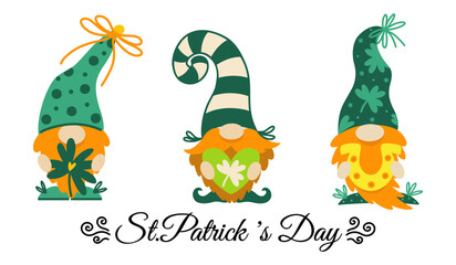 cute holiday gnomes. set of vector illustrations. red-bearded elves for good luck. irish dwarves in 