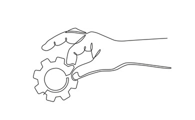 Sticker - Continuous line drawing of hands holding metal gears. hand drawn metal gears concept in one line doodle style. suitable for technology marketing, industrial, automotive doodle style