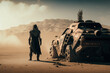 Back view of a post apocalyptic inspired and a car in the desert, landscape, post apocalyptic, generative ai