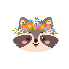 Wall Mural - Raccoon cute cartoon animal with flower wreath