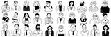 Fototapeta Dziecięca - Cute outline character vetor illustration of many different and ethnicity business people, young and old, man and woman. Outline, linear, thin line art, hand drawn sketch, doodle style.