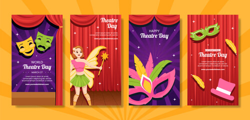 World Theater Day Social Media Stories Flat Cartoon Hand Drawn Templates Illustration