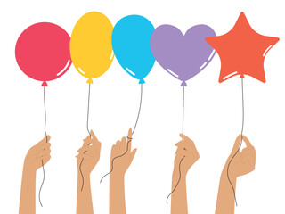 Wall Mural - Hands with various shape balloons. Modern flat vector illustration