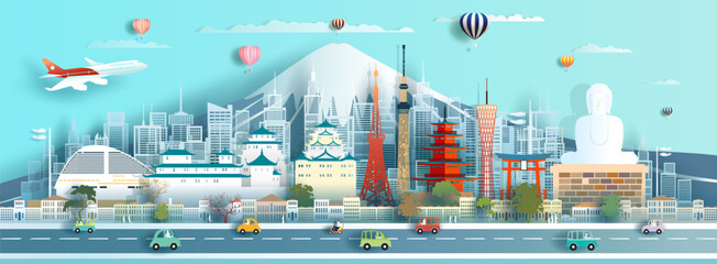 Wall Mural - Travel landmark Japan in city downtown architecture skyline and Asia tourism.