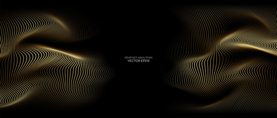 3D Vector wave lines pattern smooth curve flowing dynamic gold gradient light isolated on black background for concept luxury, technology, digital, communication, science, music.