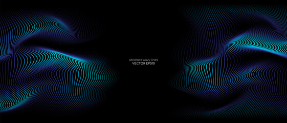 3d vector wave lines pattern smooth curve flowing dynamic blue green gradient light isolated on blac
