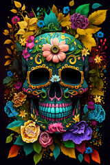 Day of the dead. Blue skull and flowers. Generative AI