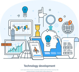 Technology software or web development and coding business processes. Automatic systems, computer industry, programming, research and science technology thin line design of vector doodles
