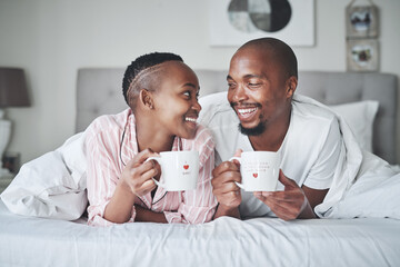 Sticker - Coffee, bed and morning with a black couple together in the bedroom of their home to relax on the weekend. Love, tea or early with young man and woman relaxing while bonding in their house