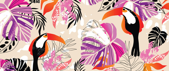 Colorful tropical leaves background vector illustration. Jungle monstera palm leaves, exotic spring summer style with hornbills and grunge texture. Contemporary design for home decoration, wallpaper.