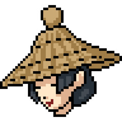 Poster - pixel art woman ancient strawhat