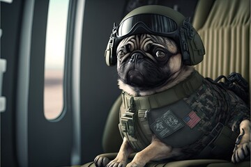 Wall Mural - Healthy Dog pug breed purebred wearing military uniform. Generative AI