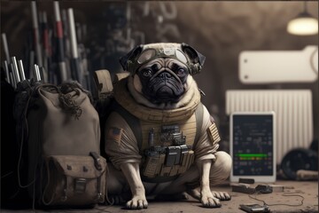 Wall Mural - Healthy Dog pug breed purebred wearing military uniform. Generative AI