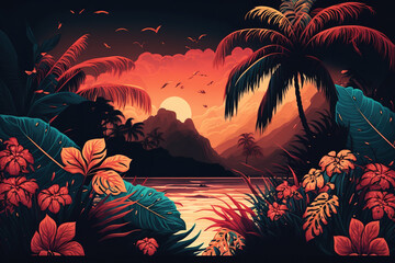 Wall Mural - Tropical background illustration, Ai generated