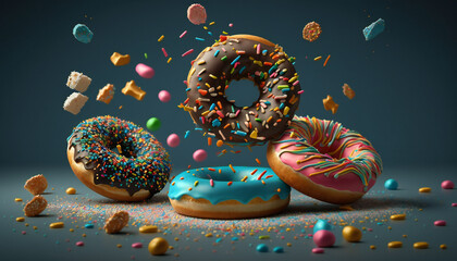 Wall Mural - sprinkled, donuts, doughnuts with sprinkles isolate on color background, 3d rendering, generative ai