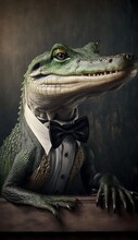 Stylish Humanoid Gentleman Animal In A Formal Well-Made Bow Tie At A Business Dance Party Ball Celebration - Realistic Portrait Illustration Art Showcasing Cute And Cool Alligator  (generative AI)