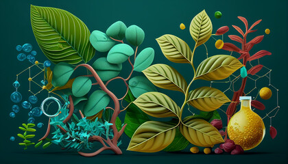 Wall Mural - Biology laboratory nature and science, plant and environmental study, DNA, gene therapy, and plants with biochemistry structures on white backgrounds. Generative AI