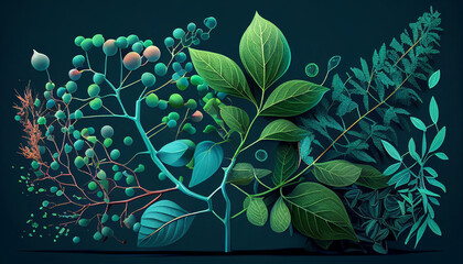 Wall Mural - Modern agricultural theme. Biology laboratory nature and science, plant and environmental study, DNA, gene therapy, and plants with biochemistry structures on white backgrounds. Generative AI