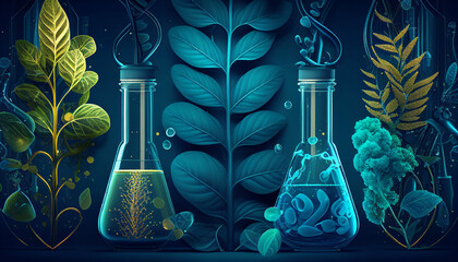 Wall Mural - Modern agricultural theme. Biology laboratory nature and science, plant and environmental study, DNA, gene therapy, and plants with biochemistry structures on white backgrounds. Generative AI