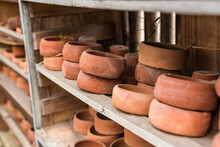 Small Terracotta Shallow Planter Pots For Succulents Plants For Sale At A Garden Store.