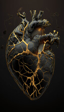 Anatomical Heart In Dark Kintsugi. Generative AI