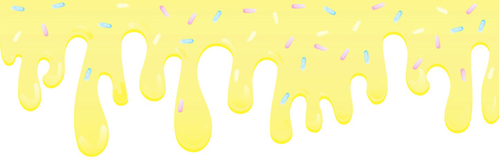 Wall Mural - Yellow soft ice cream, sweet candy splashes, long border, seamless banner pattern, vector white background