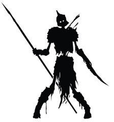 A black silhouette with a terrible skeleton of a warrior peeled to the bones, in his hands a bayonet, a knife and a spear, he stands with his head hanging to one side with bare bones and rags. 2d art