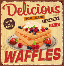 Vintage Waffles Poster With With Blueberry, Strawberry And Cream.Retro Style.