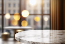 Marble Empty Round Table, Rooftop Penthouse Bar Restaurant Hotel Lounge Copy Space, Blurred City Bokeh Light Background