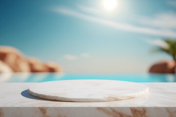 tropical marble pedestal product display, rocky palm tree sunny sky background, ocean poolside beach