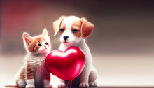 Cat And Dog Playing Together Like Two Best Friends With A Heart Balloons Shape. Generative Ai