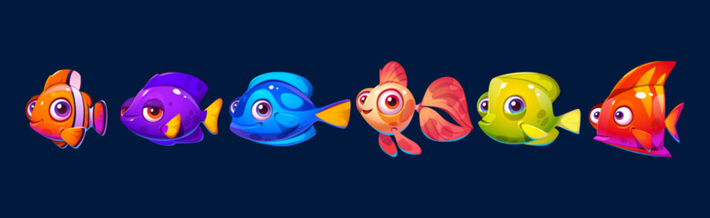 Wall Mural - Set of cute vector cartoon fish for aquarium game. Isolated happy underwater characters. Smiling fun baby marine clipart with face and mouth. Collection of exotic clownfish and cheerful creatures.