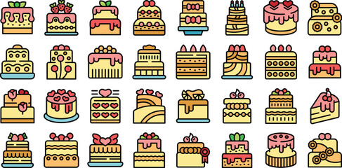 Wall Mural - Wedding cake icons set outline vector. Bakery date. Love sweet color line on white isolated