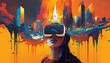 © Alistair - Virtual Reality illustration girl with a VR headset, warm painted colors technology big city future infinite creative possibility