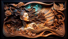 Painted Wood Relief Carving Of Psychic Wave, Explosion Celest, Intricately Carved