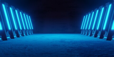 Wall Mural - 3d rendering of blue neon glowing spaceship corridor background dark. cyberpunk concept. scene for a