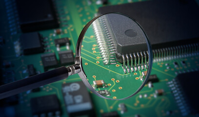 Wall Mural - view of printed circuit board with active and passive surface mounted components close up through magnifying glass